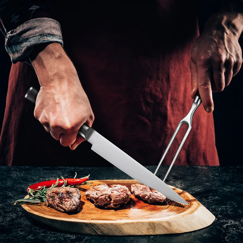 Shuangmali 2PCS Barbecue Carving Fork Knife Set 5Cr15Mov Stainless Steel Camping Cooking BBQ Cutter With Gift Box | Дом и сад