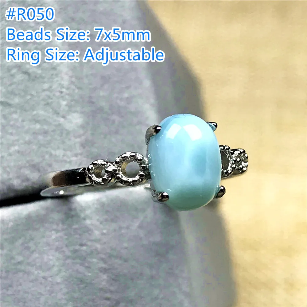 

100% Natural Blue Larimar Ring Jewelry For Woman Man Silver 7x5mm Oval Beads Dominica Water Pattern Stone Adjustable Ring AAAAA