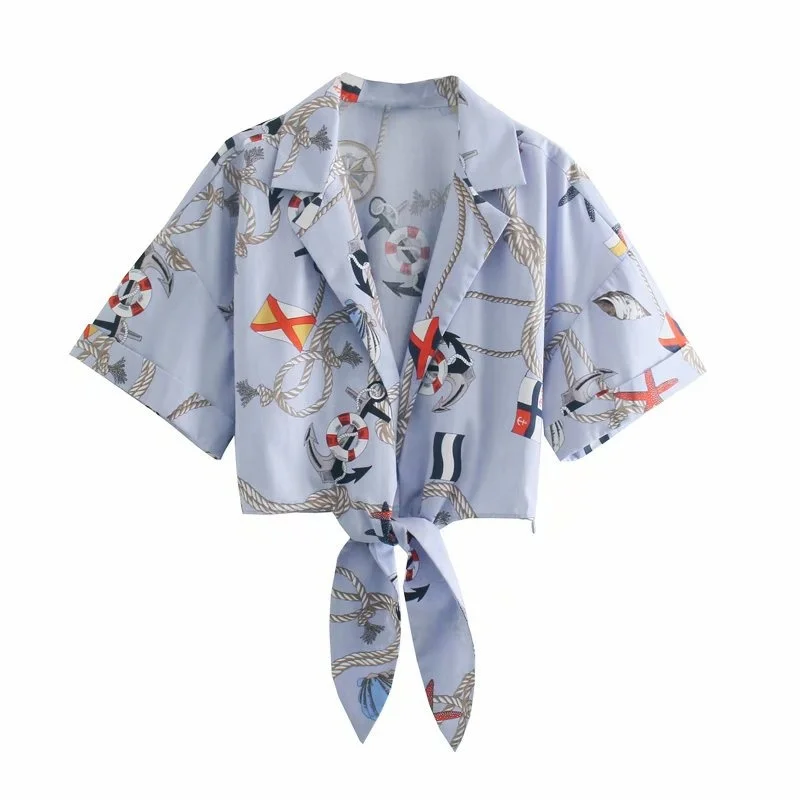 

Rope anchor flag print bow short shirt vintage plus size zaraing-style za women 2021 sheining vadiming blouse shirt O9959