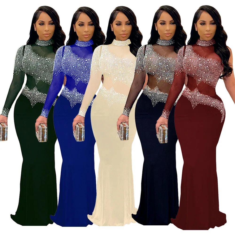 

Elegant Sheer Mesh Crystal Patchwork Diamonds One Sleeve Evening Party Club Floor Length Dress Women Sexy See Through Dresses