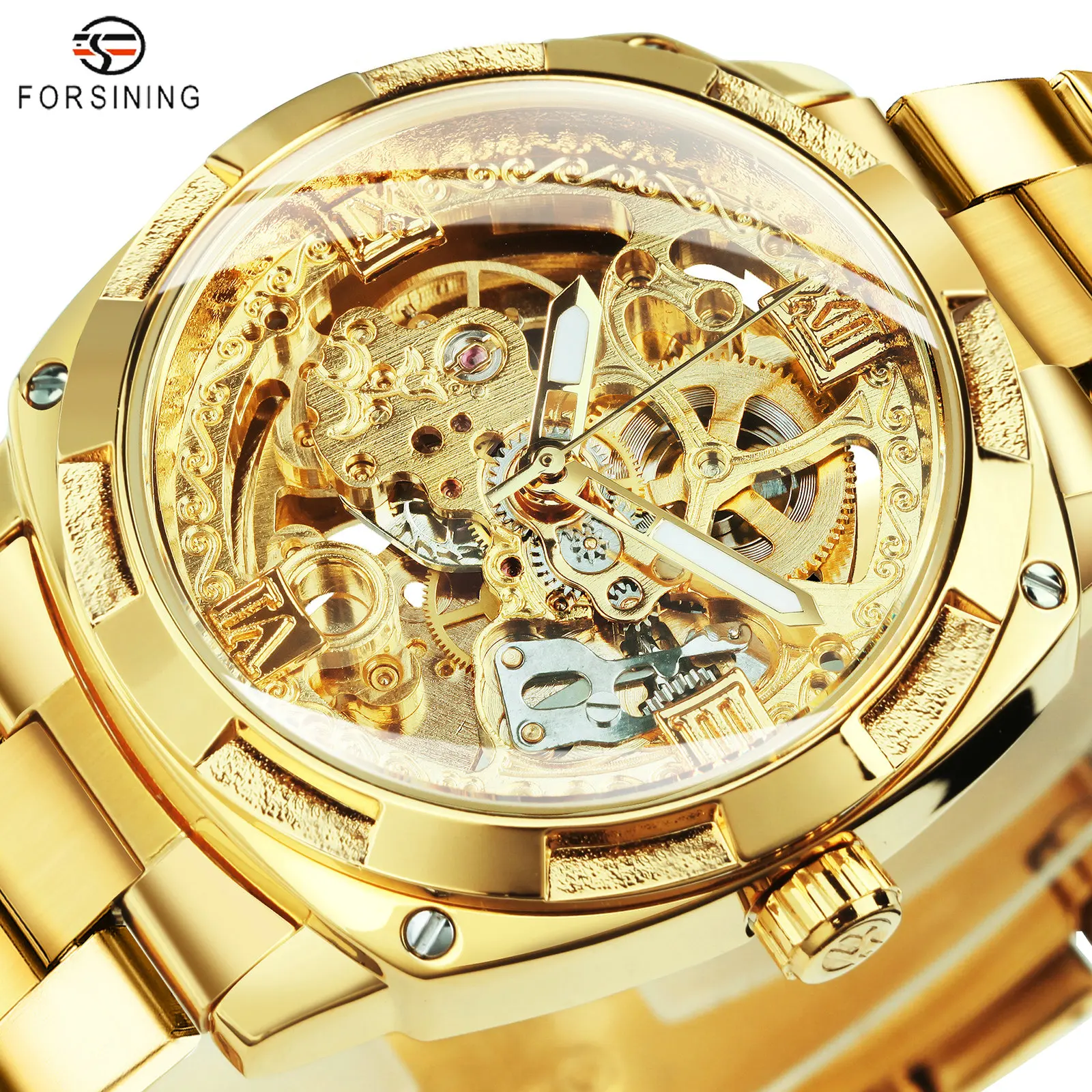 

FORSINING Fashion Automatic Watch Men Skeleton Carved Dial Mechanical Watches Luxury Golden Stainless Steel Strap Male Clock