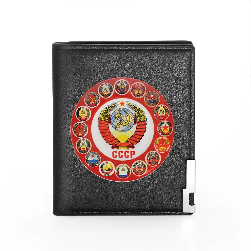 

High Quality Vintage CCCP Soviet Union Men Women Leather Short Wallet Classic Billfold Slim Credit Card/ID Holders Male Purses
