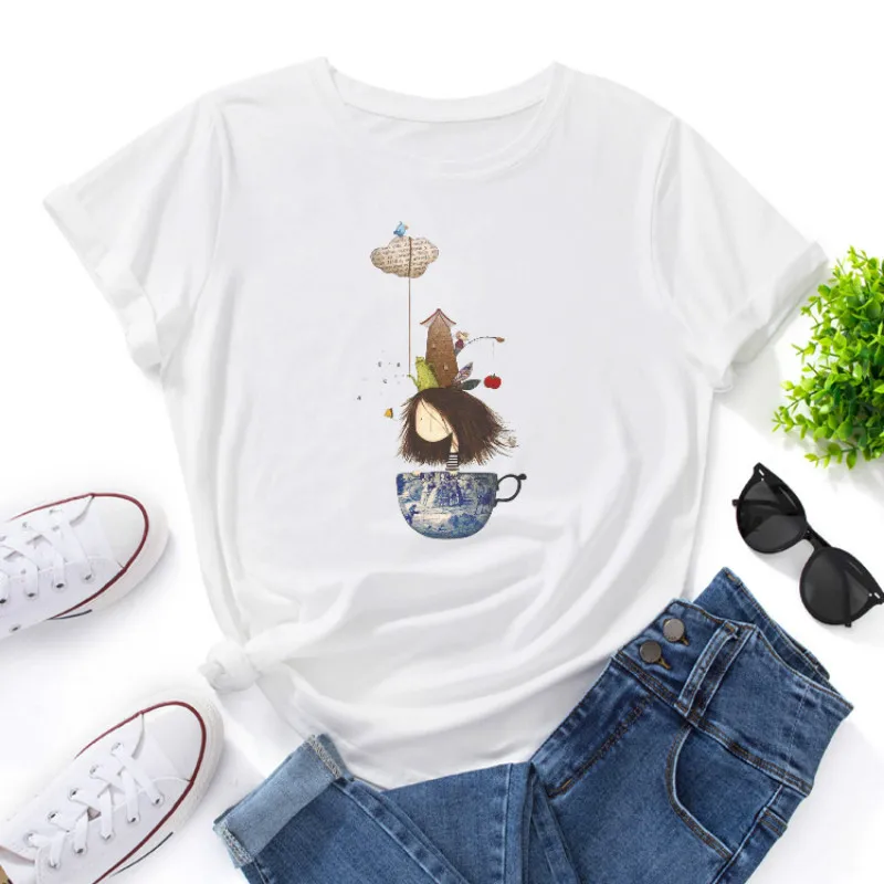 

JFUNCY Women's Tee Shirt Plus Size Short Sleeve Cotton T-shirt New Cartoon Print Woman Tshirt Summer Women Tops Female Clothes