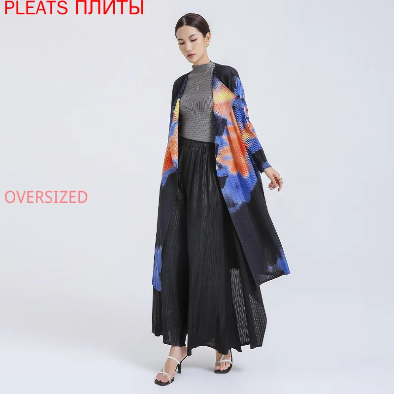 

Miyake Fold Autumn New Fashion Korean Style Temperament Atmosphere Printing Long Coat PLEATS Casaco Feminine Sobretudo Trench