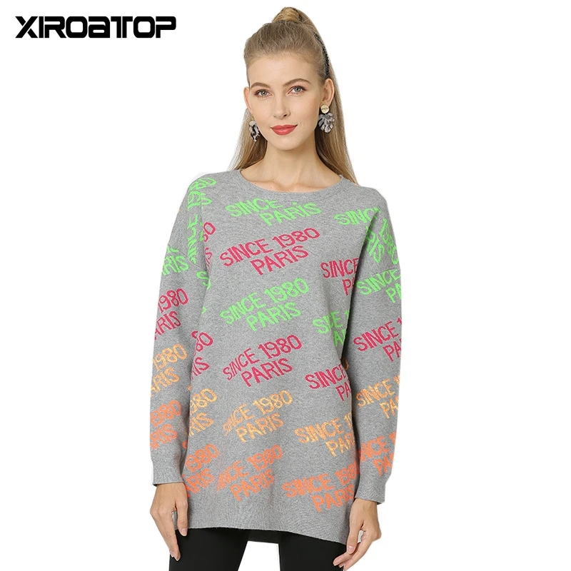 

NEW Autumn winter round neck long-sleeved letter Sweaters women loose Korean mid-length knitted pulloverJumper Soft Pull Femme