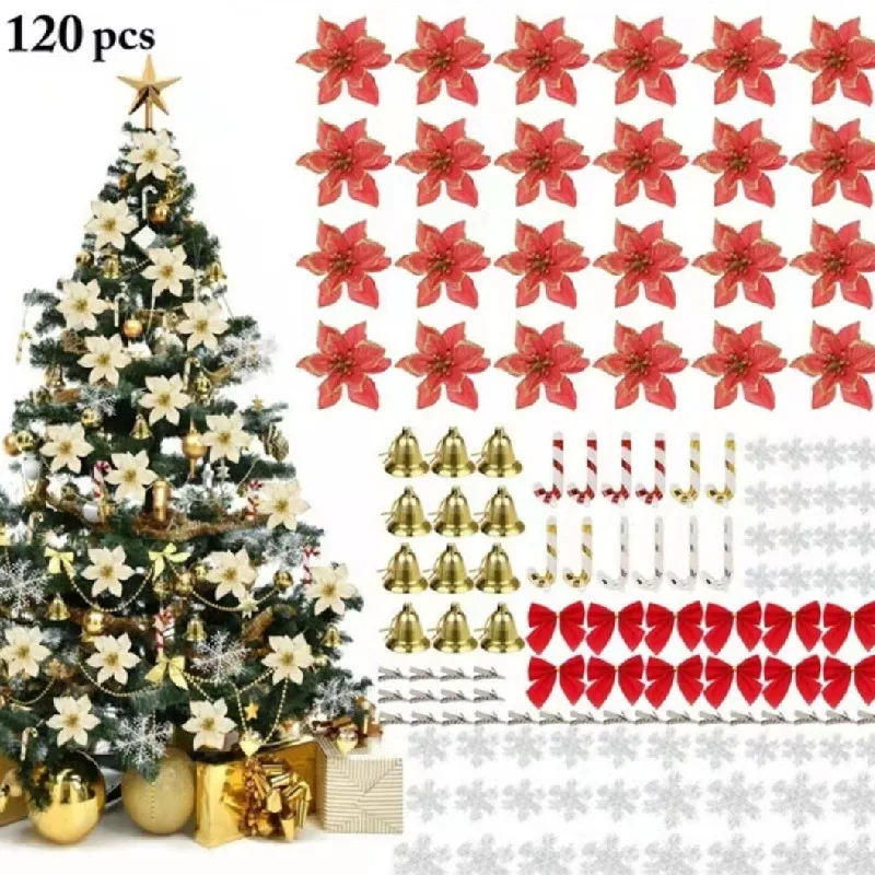 

120pcs Christmas Tree Ornaments decorations Flash Artificial Christmas flower bow bell snowflake cane clip for Xmas party decors