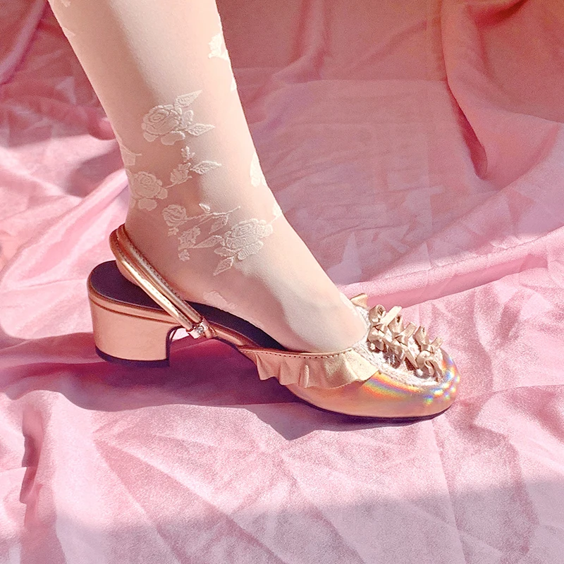 Сандалии женские на толстом каблуке роскошные босоножки с бантом круглым носком