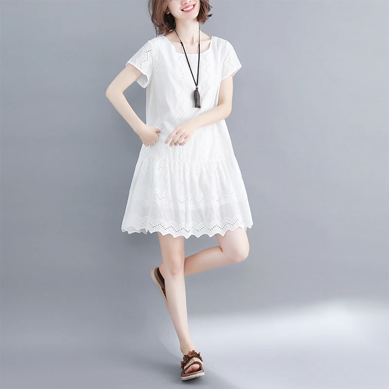

Oversized Cotton Linen Women Dresses 2021 Summer New Solid Lace Patchwork Ruffles A-Line Lady Elegant Dresses Top Quality