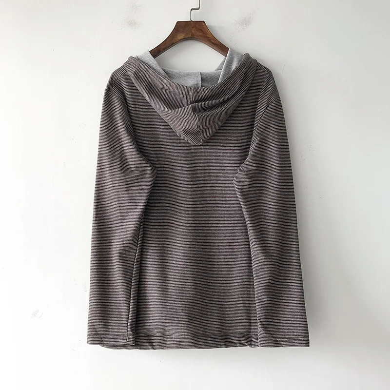 Autumn Casual Women Stripe Shirt Cotton Hooded Long Sleeve Spring Thin Pockets Loose Female Fashion Blouse YoYiKamomo