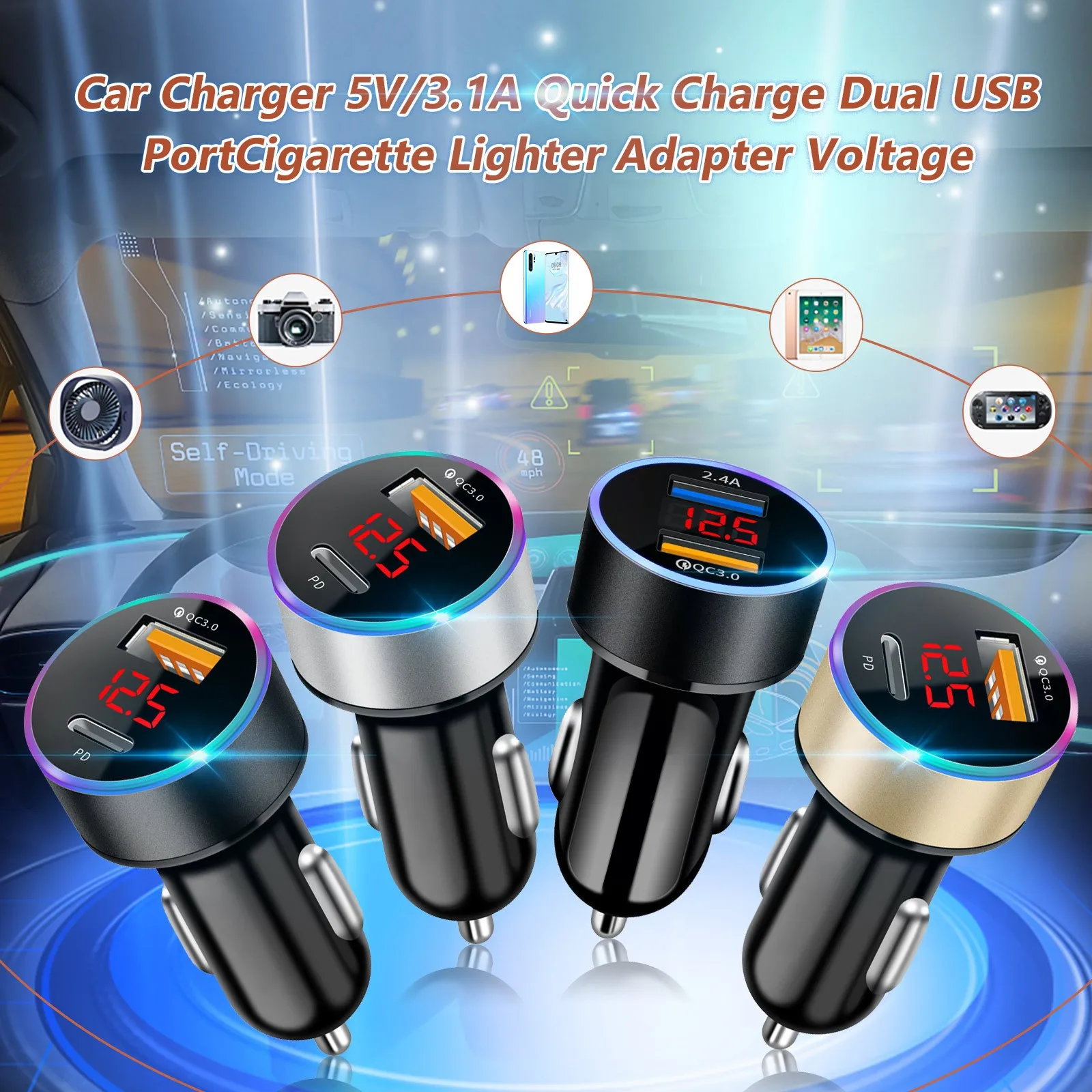 

Автомобильное зарядное устройство с двумя USB-портами, 3,1 А, 12-24 В