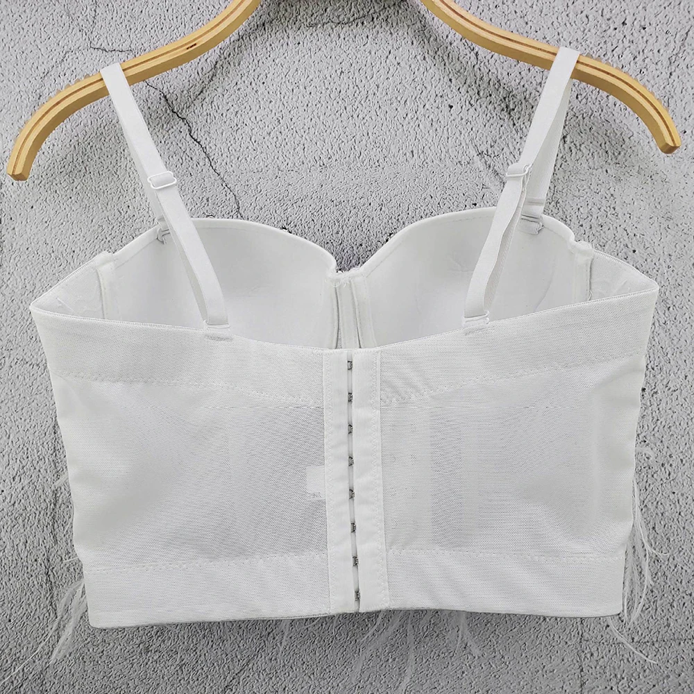 Atoshare Casual Outfits Pearl Rhinestone Feather Top Women White Mesh Corset Sexy Crop Top Mujer 2021