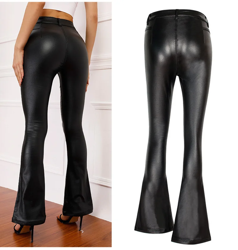 Осенние кожаные брюки для женщин эластичные Облегающие расклешенные с высокой