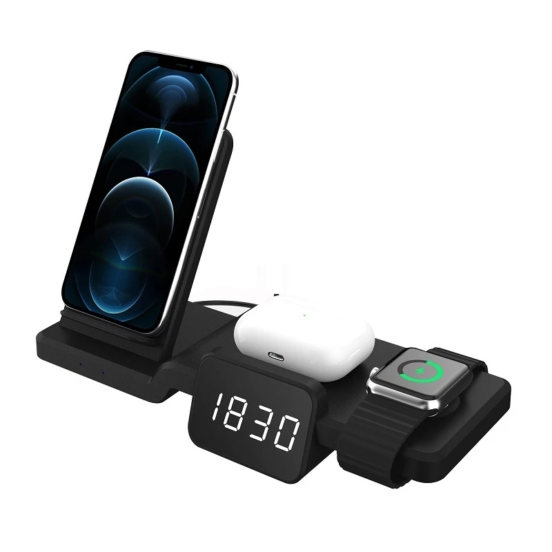 

Timess 15W Fast Wireless Charge For iPhone 12 Pro Max Detachable 4 in 1 Wireless Charging Station for Watch SE 6/5 With Clock