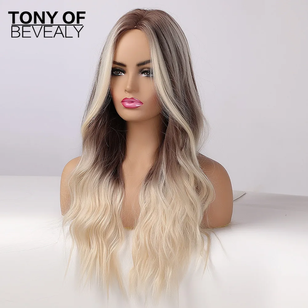 Длинные волнистые волосы Омбре коричневые блонд синтетические парики средняя