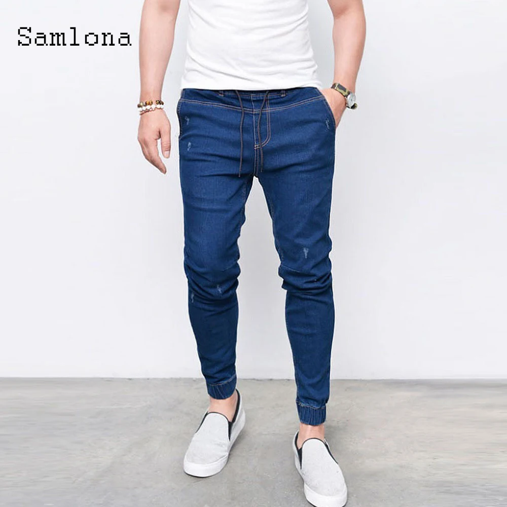 Samlona 2021 New Fashion Jeans Casual Skinny Denim Pants Male Slimming Bottoms Streetwear Denim Jeans Hip Hop Pencil Trousers