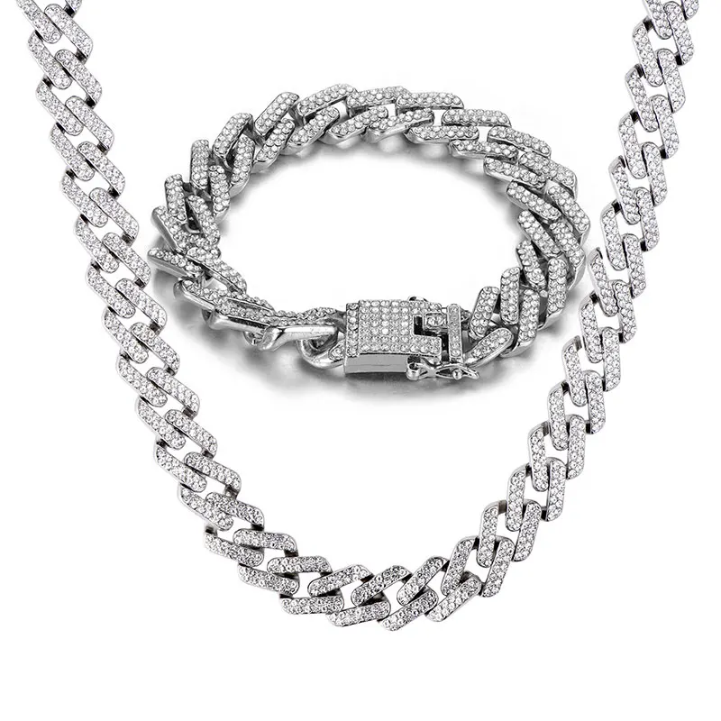 Silver Хип-хоп, 1 комплект, 13 мм, Bling Iced Out, циркон, кубинский, полный, проложить горный хрусталь, мужской браслет, ожерелье Золотое серебро для Мужчин, Ювелирные изделия - Окраска металла: Silver