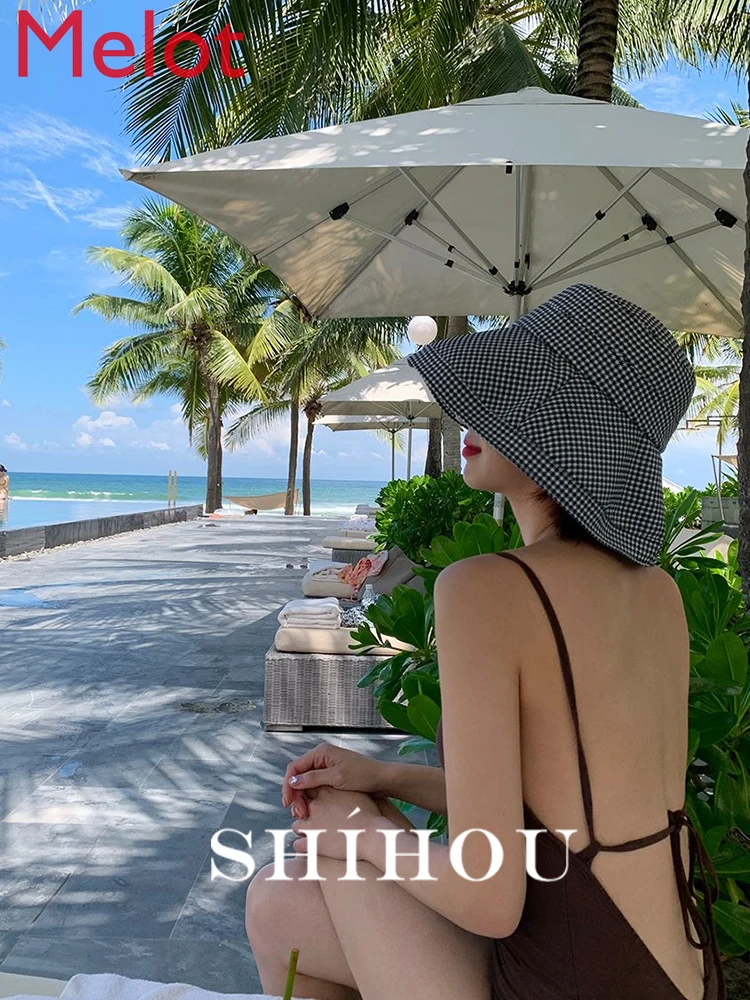 

Outdoor Face Cover Sun-Proof Sun Hat Female Summer UV Protection Foldable Big Brim Plaid Fisherman Hat