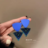 925 silver needle european and american personality fashion high sense diamond inlaid triangular ears blue earrings female