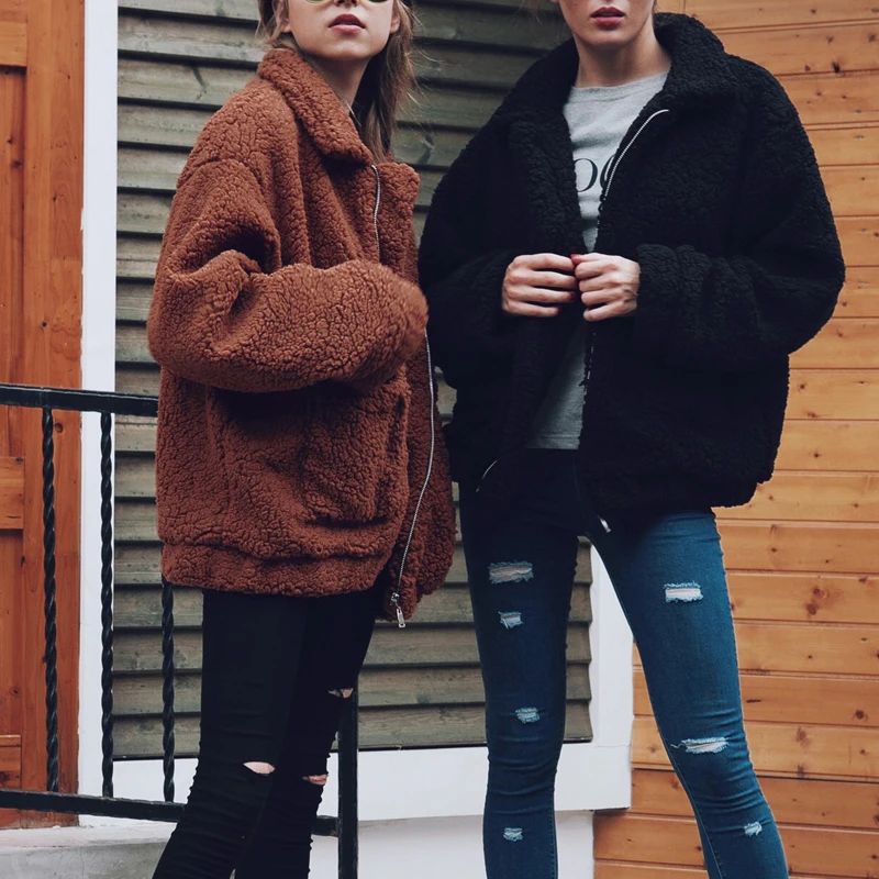 

Winter Women Solid Faux Fur Coat 2020 New Fashion Thick Warm Zipper Jacket Female Pocket Plush Overcoat Oversized Teddy Coats