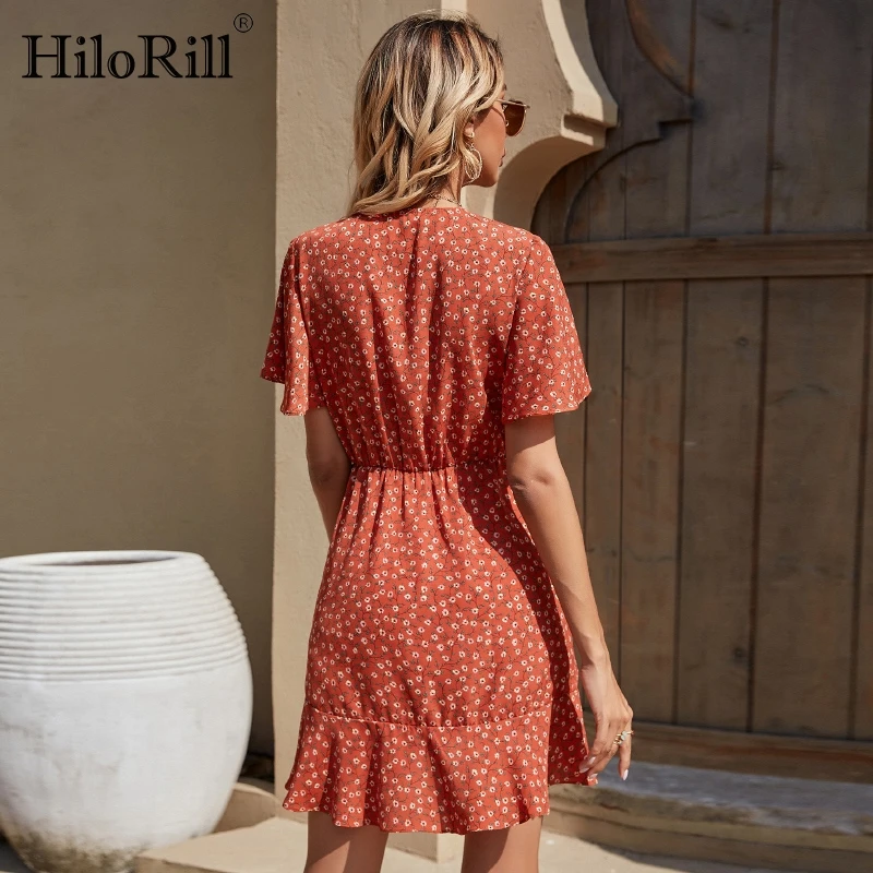 

HiloRill Floral Print Mini Beach Dress Women Flare Short Sleeve Summer Casual Dress V Neck Elegant Ruffles Dress Sundress Robe