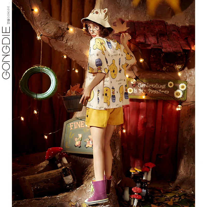 M-2XL Oversize Disney Anime Winnie the Pooh Kawaii Pjamas for Women Short Sleeve T Shirt and Shorts Casual Home Wear Shorts Sets