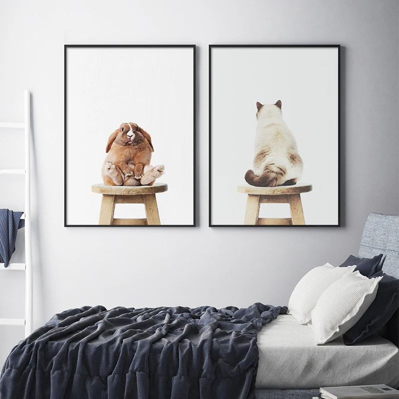 Nursery poster Cute Baby Animal Stand On Chair Poster Rabbit Dog Cat Canvas Painting Nordic Picture Kidsroom Decor Unframed | Дом и сад