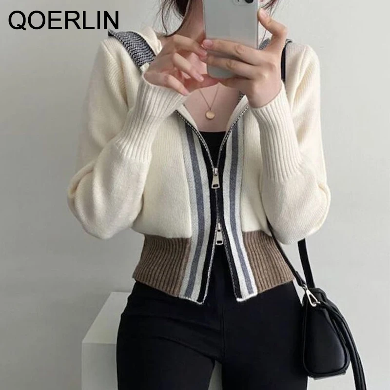 

Осенний свободный свитер QOERLIN с капюшоном, двусторонняя молния, зимний Кардиган, куртка, уличная одежда, повседневная трикотажная одежда, се...
