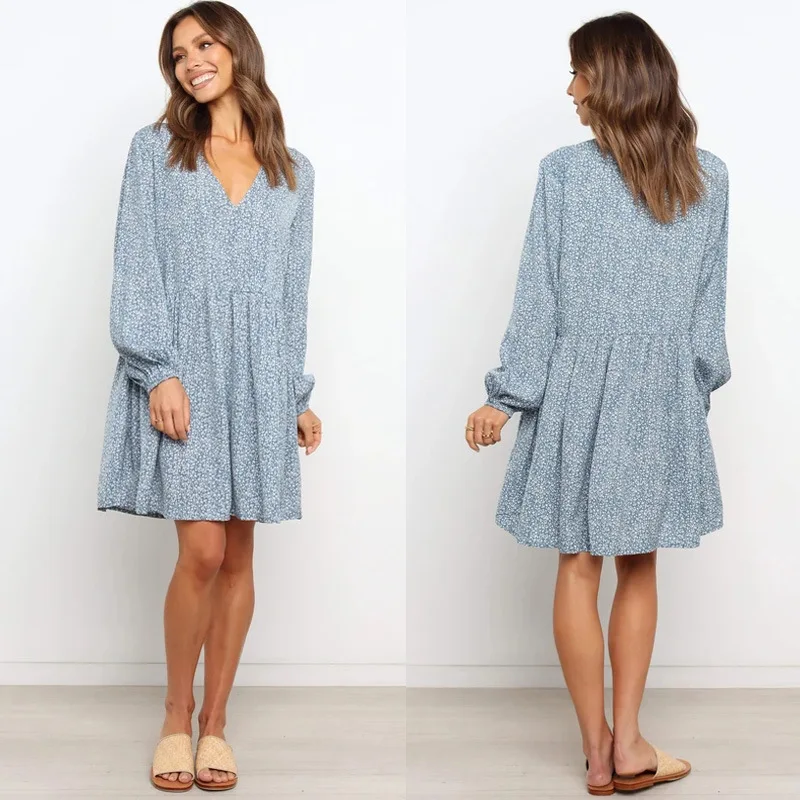 

Casual Pullover Big Swing Dresses For Women 2021 Fall Loose V-Neck Long Sleeve Print Dress Patchwork Mini Autumn Dress Vestidos