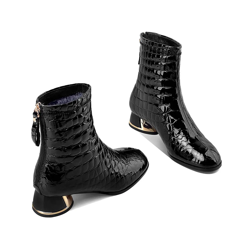 

Women's Boots Fashion Natural Patent Leather Round Head Booties Woman Warm Wool 2020 Winter Snow Boots Lady Botines Mujer