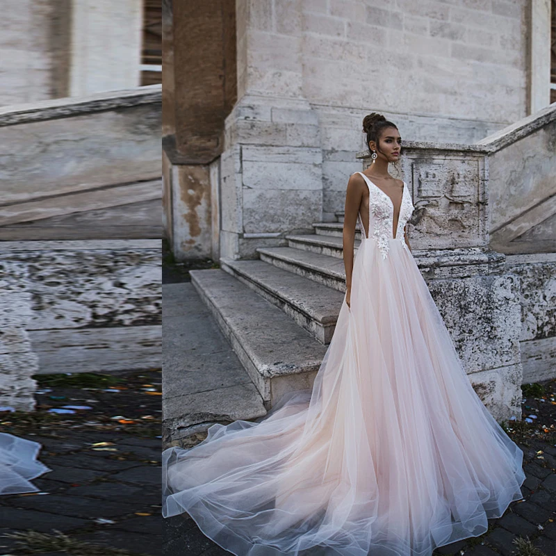 

Sexy Deep V-Neck Appliques Lace Backless Elegant Custom Made Robe De Marie Boho Bridal Gowns Tulle A-Line Wedding Dress 2020