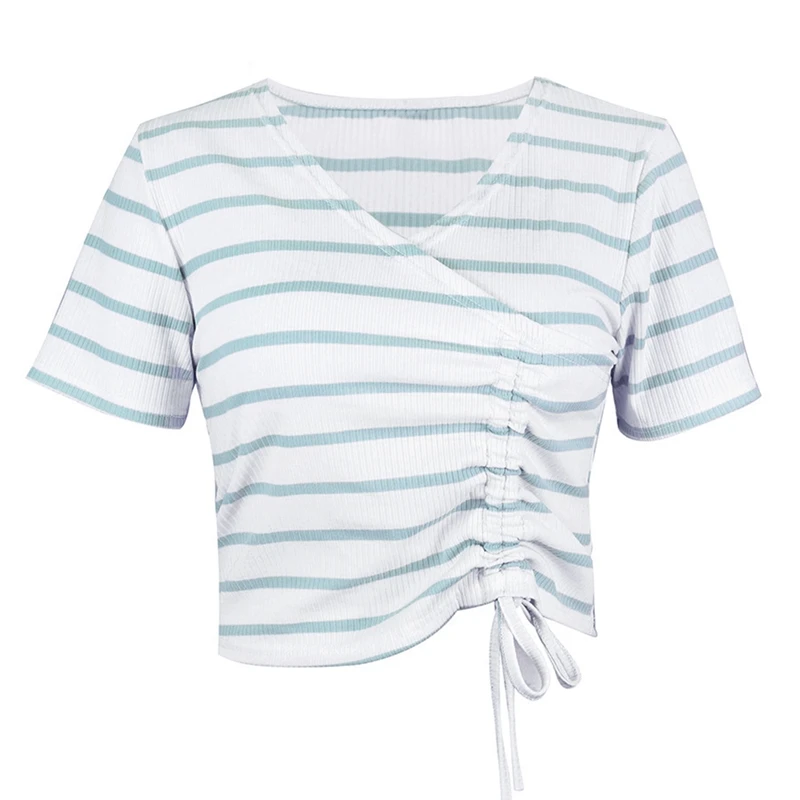 

Women'S Summer Pleated Lace Slim Striped Knit T-Shirt Top