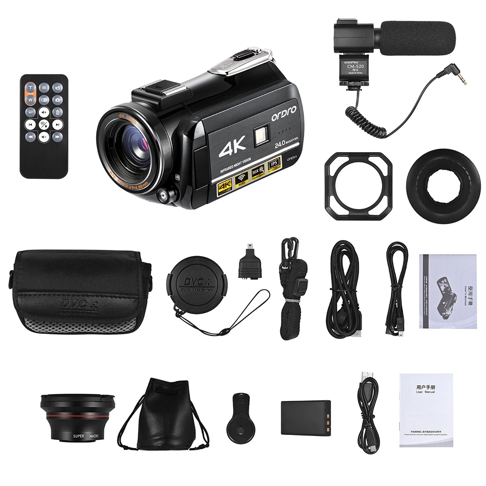 ORDRO AC3 4K 24MP WiFi Digital Video Camera Camcorder DV 3.1 Inch IPS LCD Touchscreen with 2*Batteries+Lens+Microphone+Lens Hood |