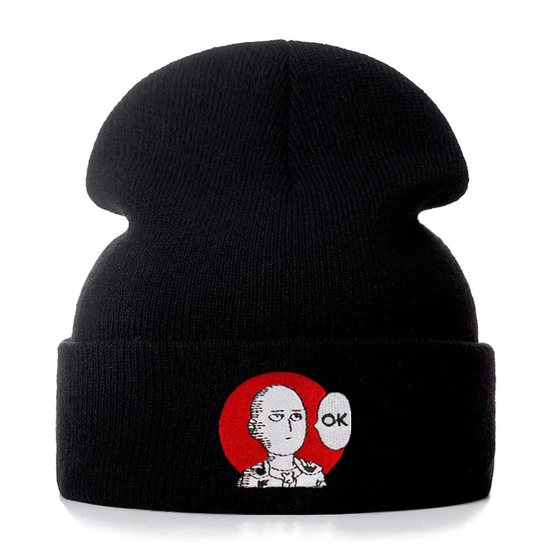 

ONE PUNCH MAN OK Cotton Embroidery Casual Beanies for Men Women Knitted Winter Hat Solid Hip-hop Skullies Bonnet Unisex Cap