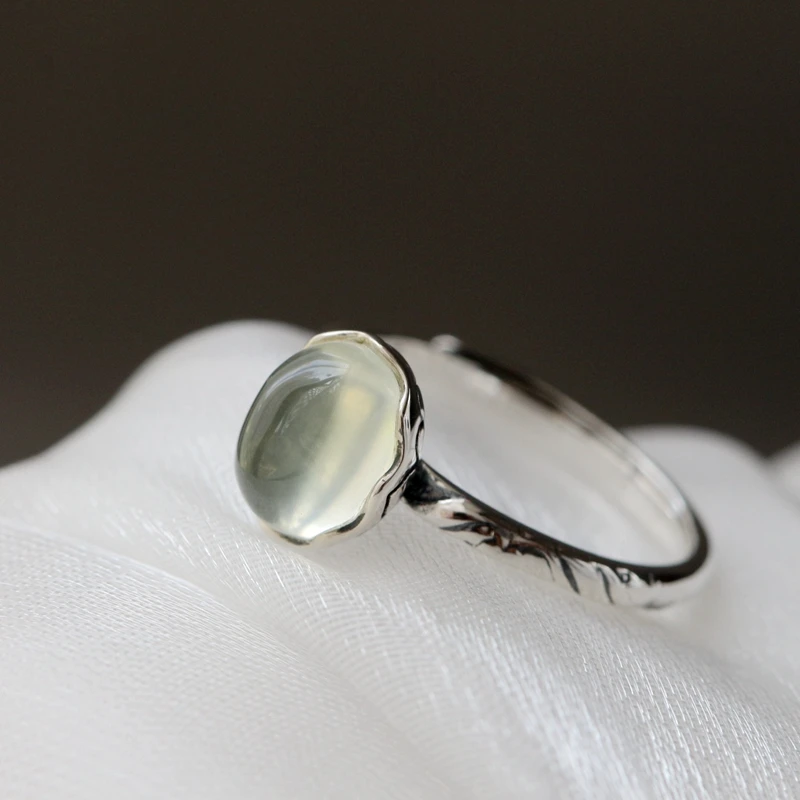 

Authentic 925 Sterling Silver Rings Fashion Women Retro Style Charm Inlaid Natural Prehnite Rings Party Fine Jewelry Gift