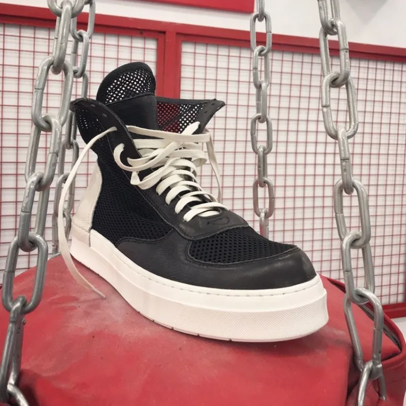 Модные мужские высокие дышащие сетчатые туфли на шнуровке Кожаные толстой