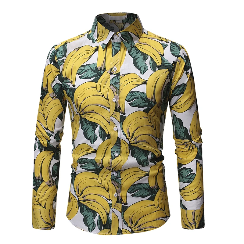 

Fashion Banana Print Slim Fit Shirt Men 2022 Brand New Button Down Long Sleeve Party Casual Shirts Men Camisa Social Masculina