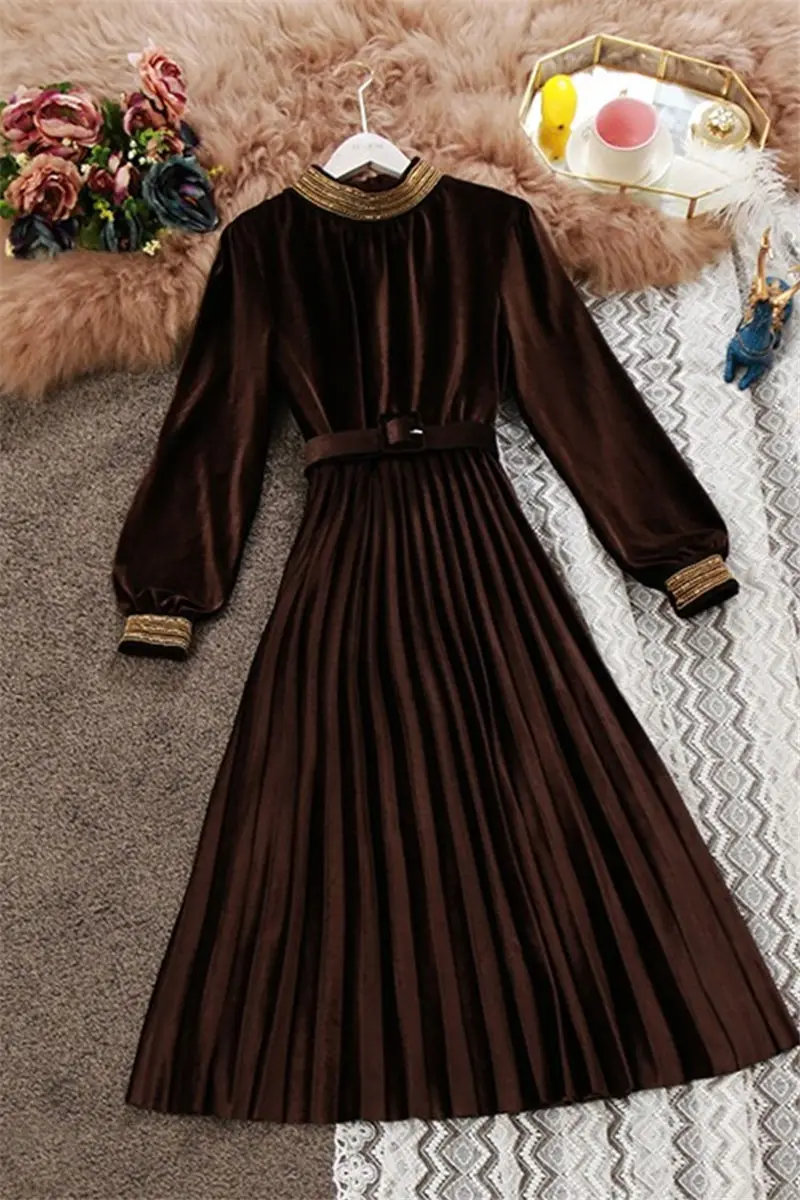 

Autumn Dress New Long Sleeve Hedging Bottoming Slim Mid-Length Velvet Dress Pleated Fashion Vintage Elegant Female Vestidos y910