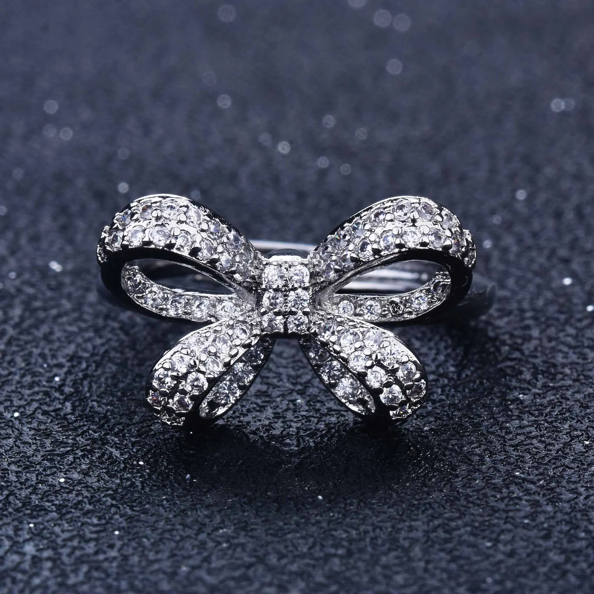 

S925 Sterling Silver Color Bowknot Bow Knot Bling Zircon Stone Rings for Women Fashion Wedding Engagement Jewelry 2021 New