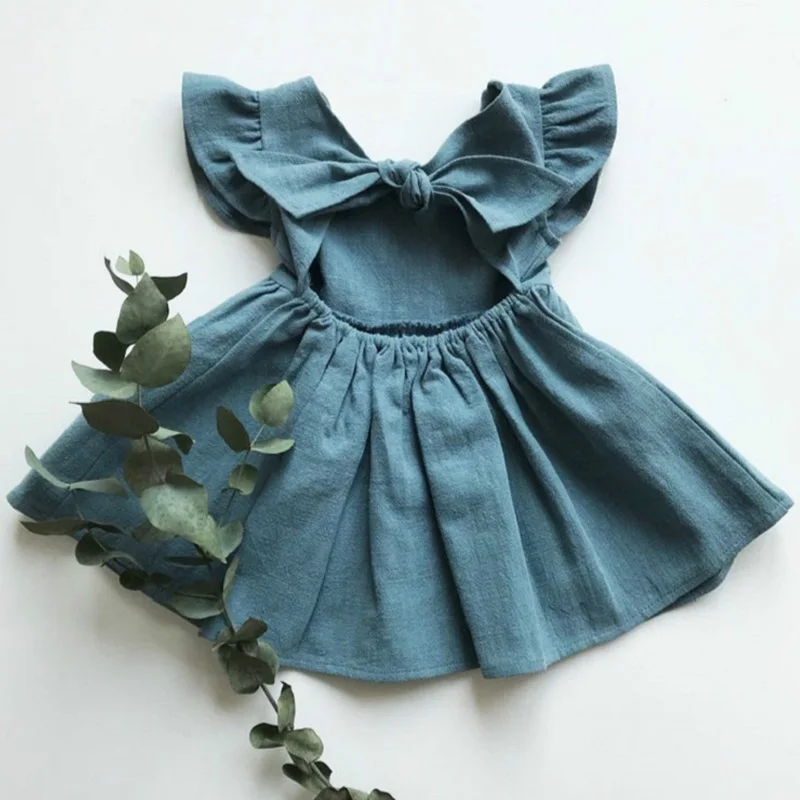 

Children's new girls dress hemp solid color backless bow Princess fluffy dress summer sweet baby birthday party dress