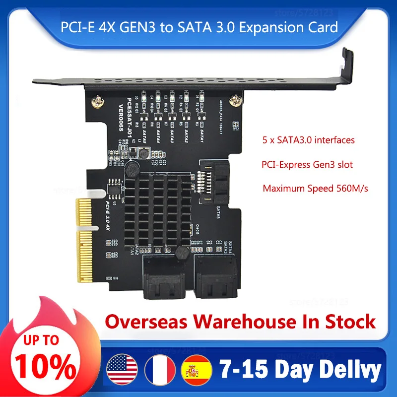 PCI-E 4X GEN3 to SATA 3.0 Expansion Card 5 Port Full Speed 6G Transfer Expansion IPFS Hard Disk JMS585 for Win7 / 8 / 10 / Linux