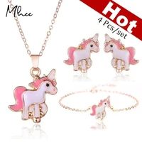 4pcsset pink necklace earrings cartoon unicorn necklace earring jewelry girls gift jewelry earring and necklace set