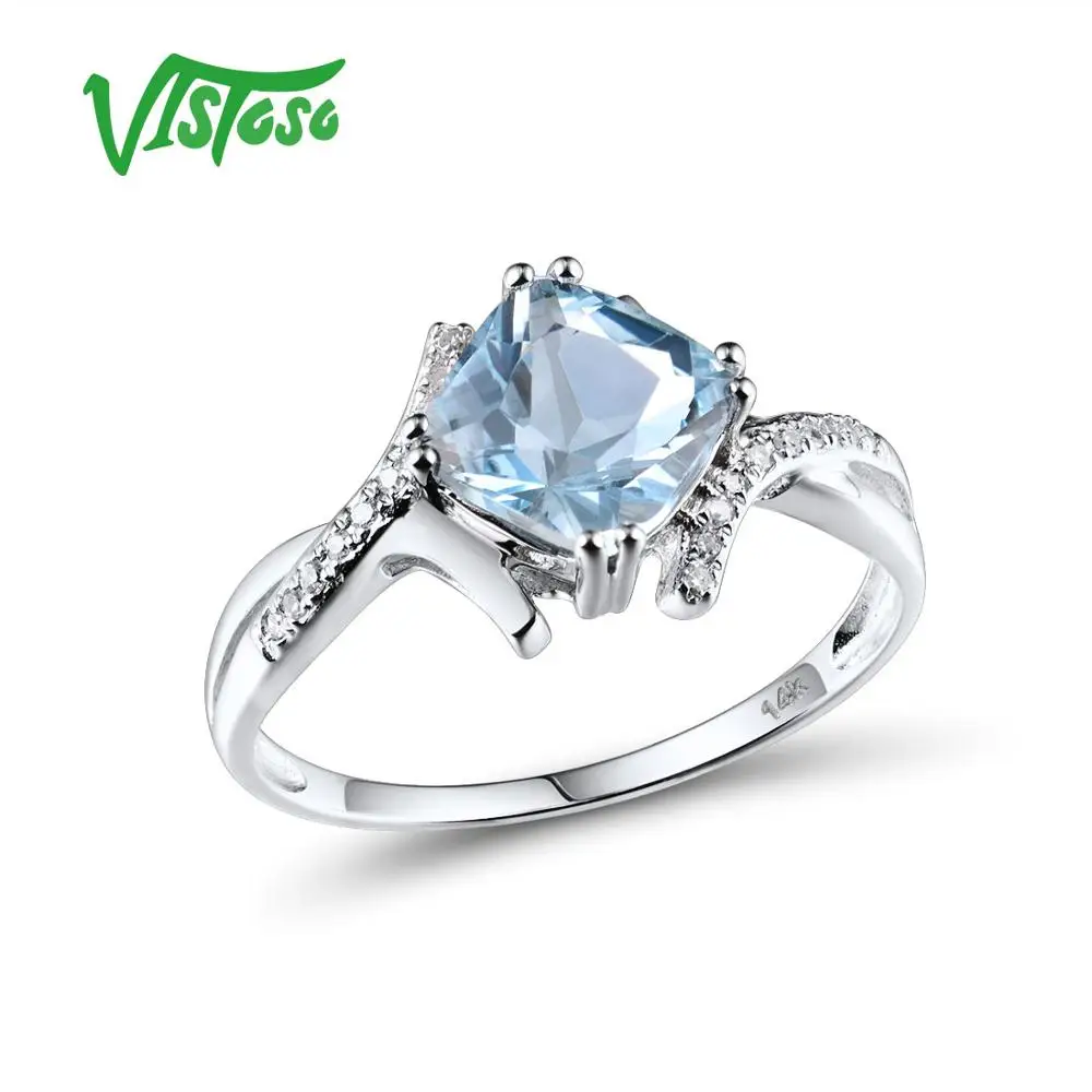 VISTOSO золотые кольца для женщин Подлинная 14K 585 кольцо из белого золота сверкающие бриллианты Небесно-Голубой Топаз Свадьба юбилей ювелирные украшения