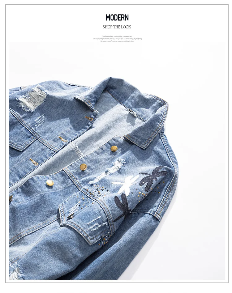 

Plus Size Women's Loose Cotton Denim Jacket Section Vogue Embroidery Pattern Lapel Blue Fad AutumnDenim Coat For Woman