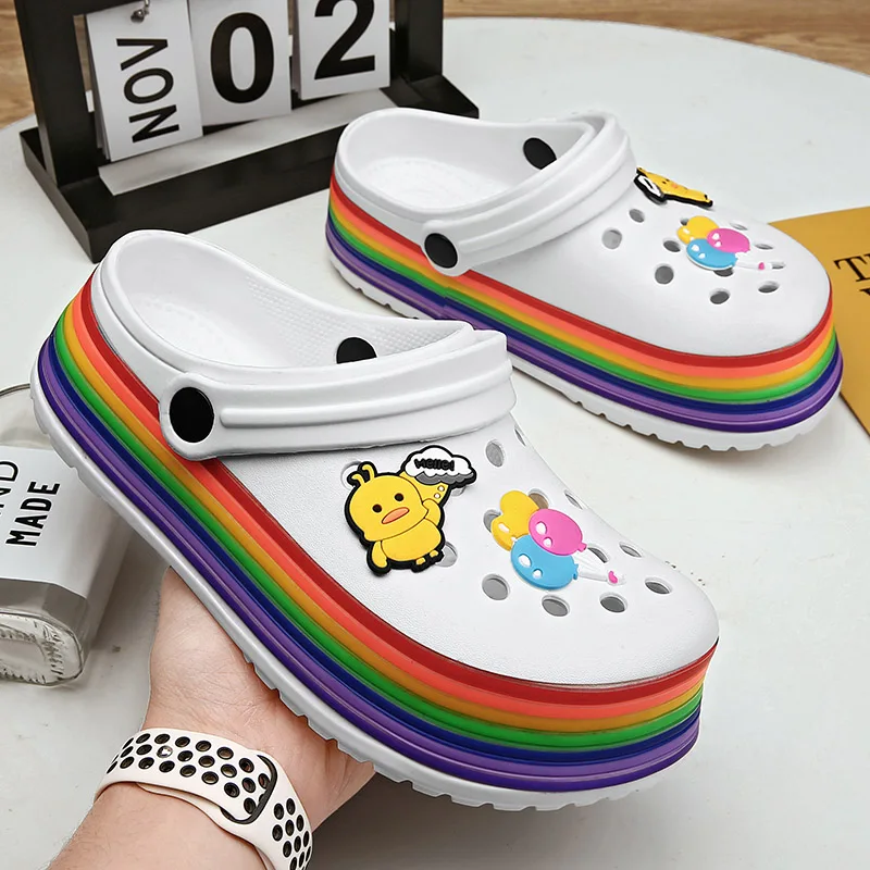 

White Cute Cartoon Hole Shoes Women Sandals Rainbow Platform Garden Shoes for Women Non-slip Casual Rubber Clogs Women Sandalias
