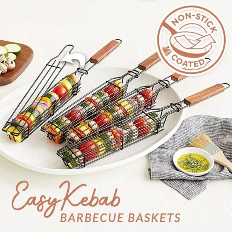 

BBQ Grilling Basket Wooden Handle Portable Kabob Grill Net Stainless Steel Anti-Corrosion Bakeware Picnic Travel Home Accessory