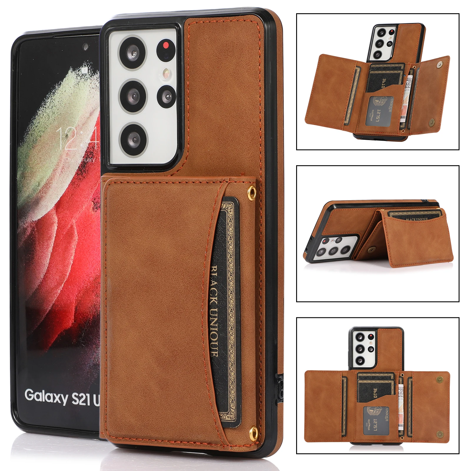

Retro Leather Wallet Cover for Samsung Galaxy S21 Ultra S20 FE A13 5G A12 A32 A42 A52S Note 20 S10 Plus Premium Card Black Case