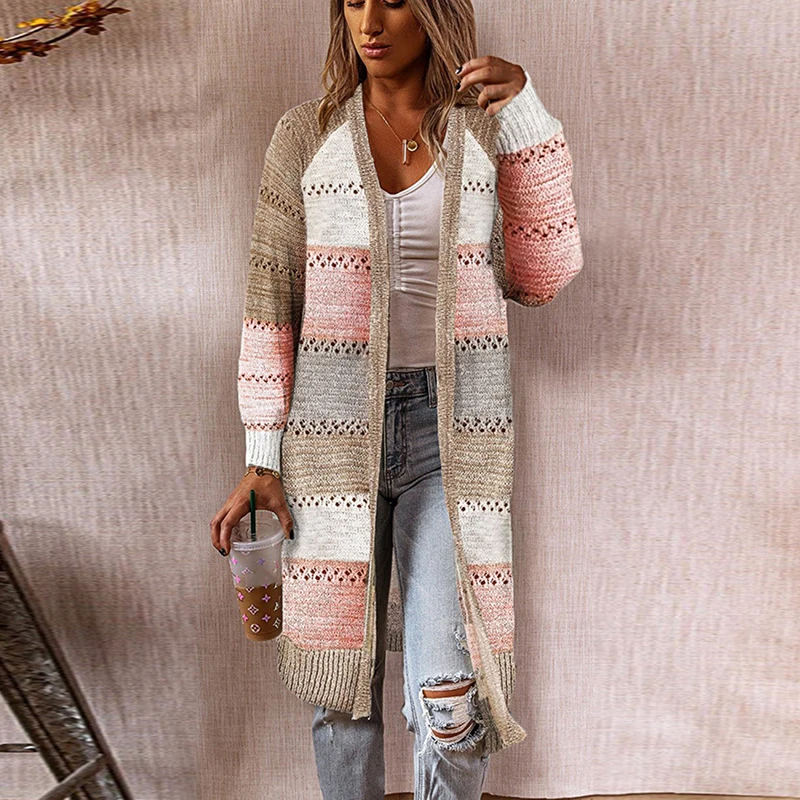 

Women Cardigan Sweaters Long Knitted Coats Casual Stripe Spring Autumn 2021 Contrast Color Female Sweater Vintage Cardigan