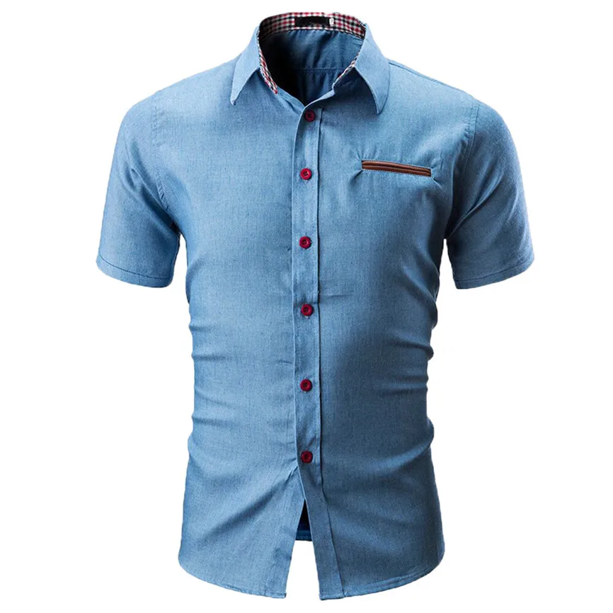 2019 Fashion Denim Shirt Men Slim Fit Camisa Masculina Solid Color Male Casual Short Sleeve | Мужская одежда