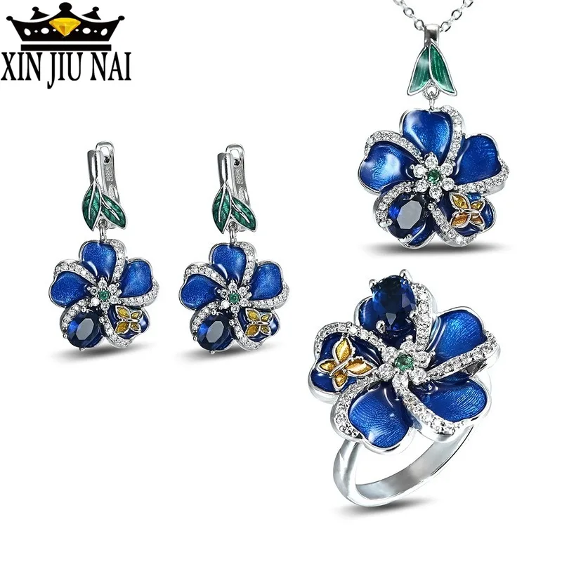 

2020 hot new arrival arrives fashion luxury retro enamel butterfly blue flower banquet ball jewelry set ring, earrings, pendant