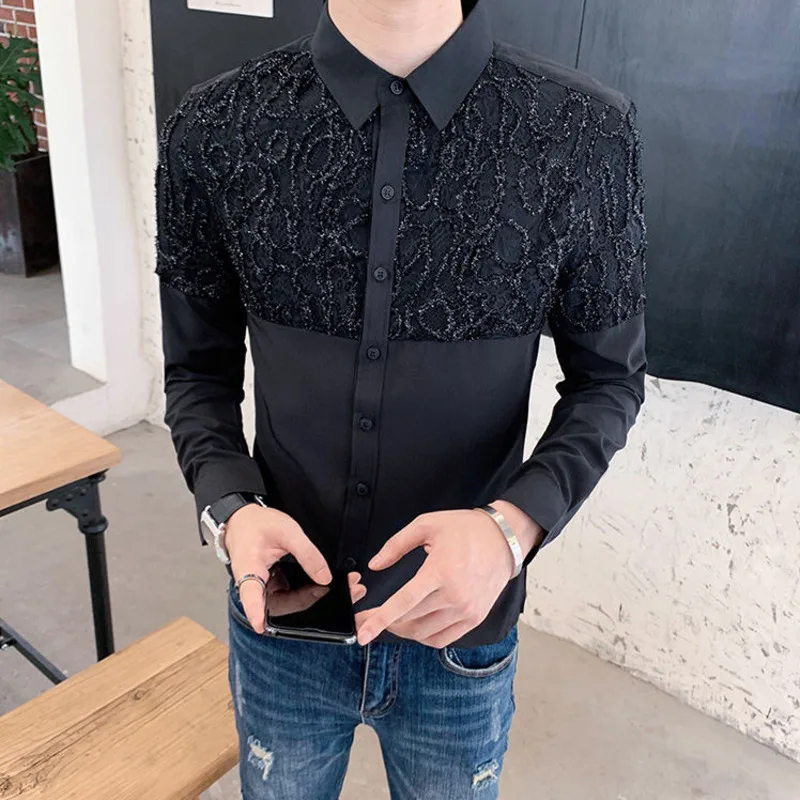 Клуб Camisas Masculinas Корейская мужская одежда черный Белый Цвет Ретро кружевная